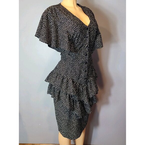 Vtg Retro Rockabilly Pinup Polka Dot Feminine Dress Sz 14 90s 80s Ruffle Goth - Picture 2 of 11